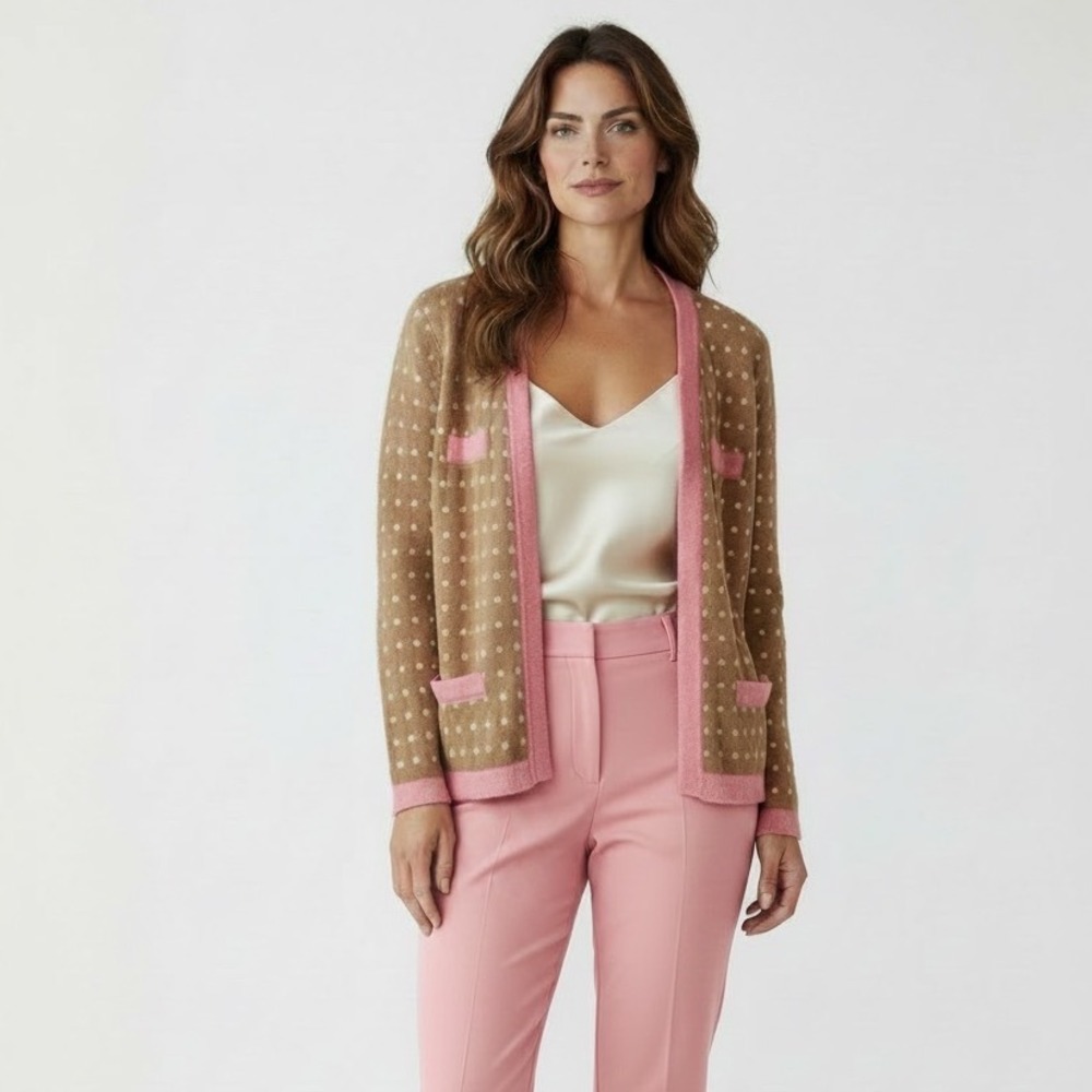 J. McLaughlin Tan\Pink Polka Dot Cashmere Cardigan Small Open Front Luxe Sweater